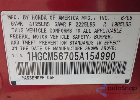 2005 Honda Accord Ex from USA, damaged, VIN 1HGCM56705A154990